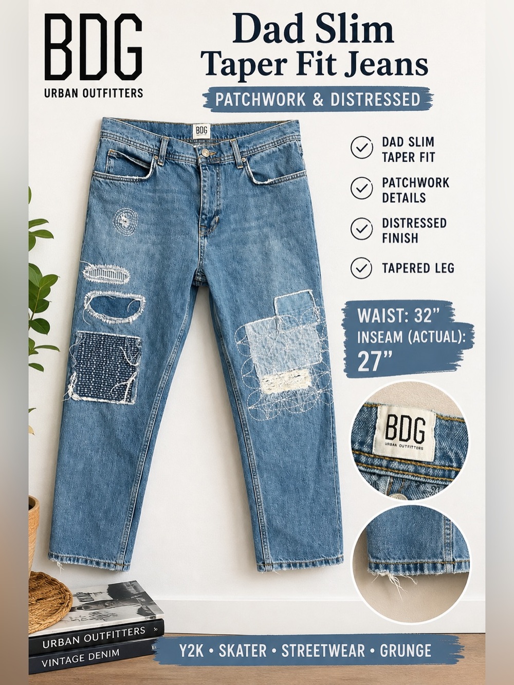 BDG Urban Outfitters Dad Slim Taper Fit Patchwork Distressed Jeans 32
